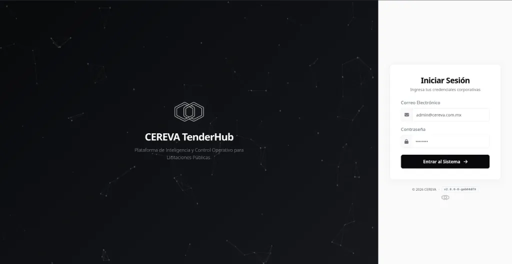 Pantalla de Acceso Corporativo de CEREVA TenderHub