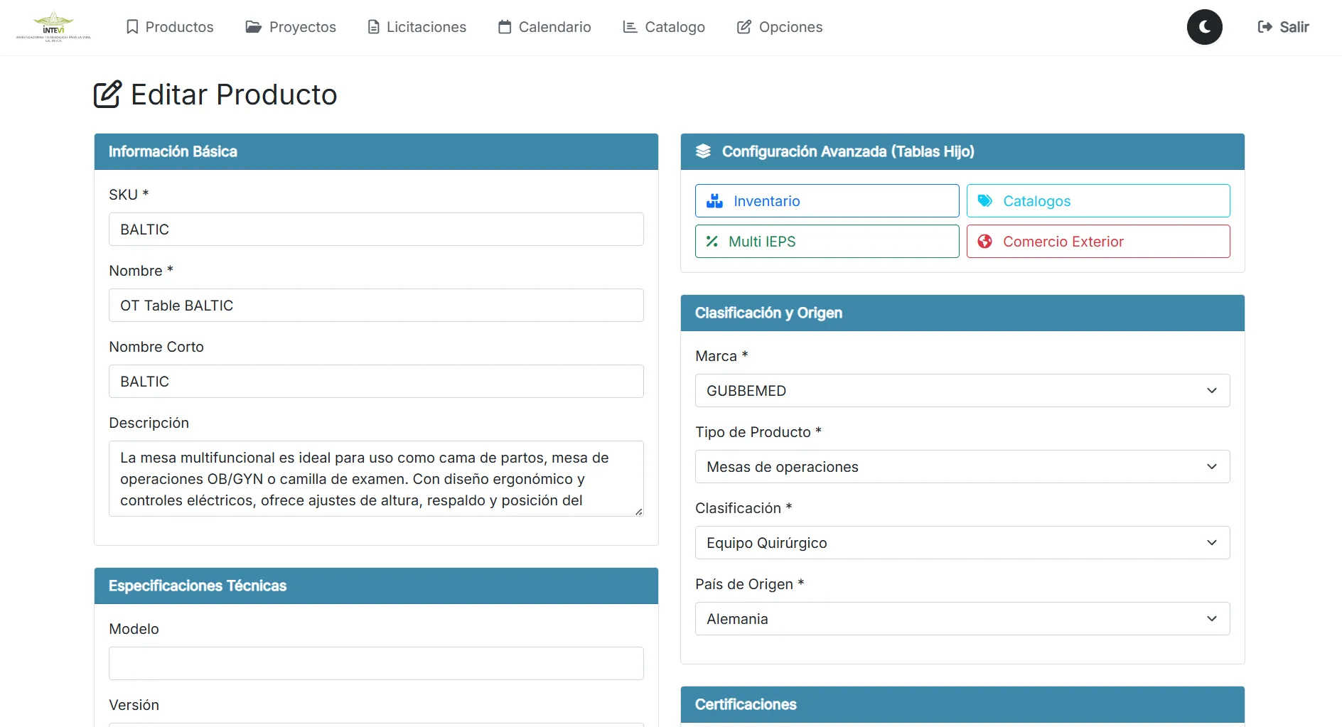 Formulario de Edición de Producto